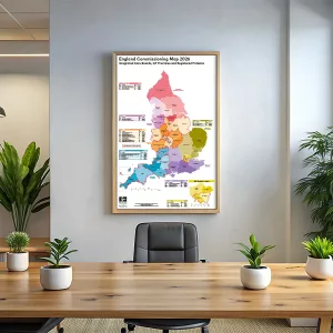 2026 UK Integrated Care Boards (ICG) map displayed on an office wall