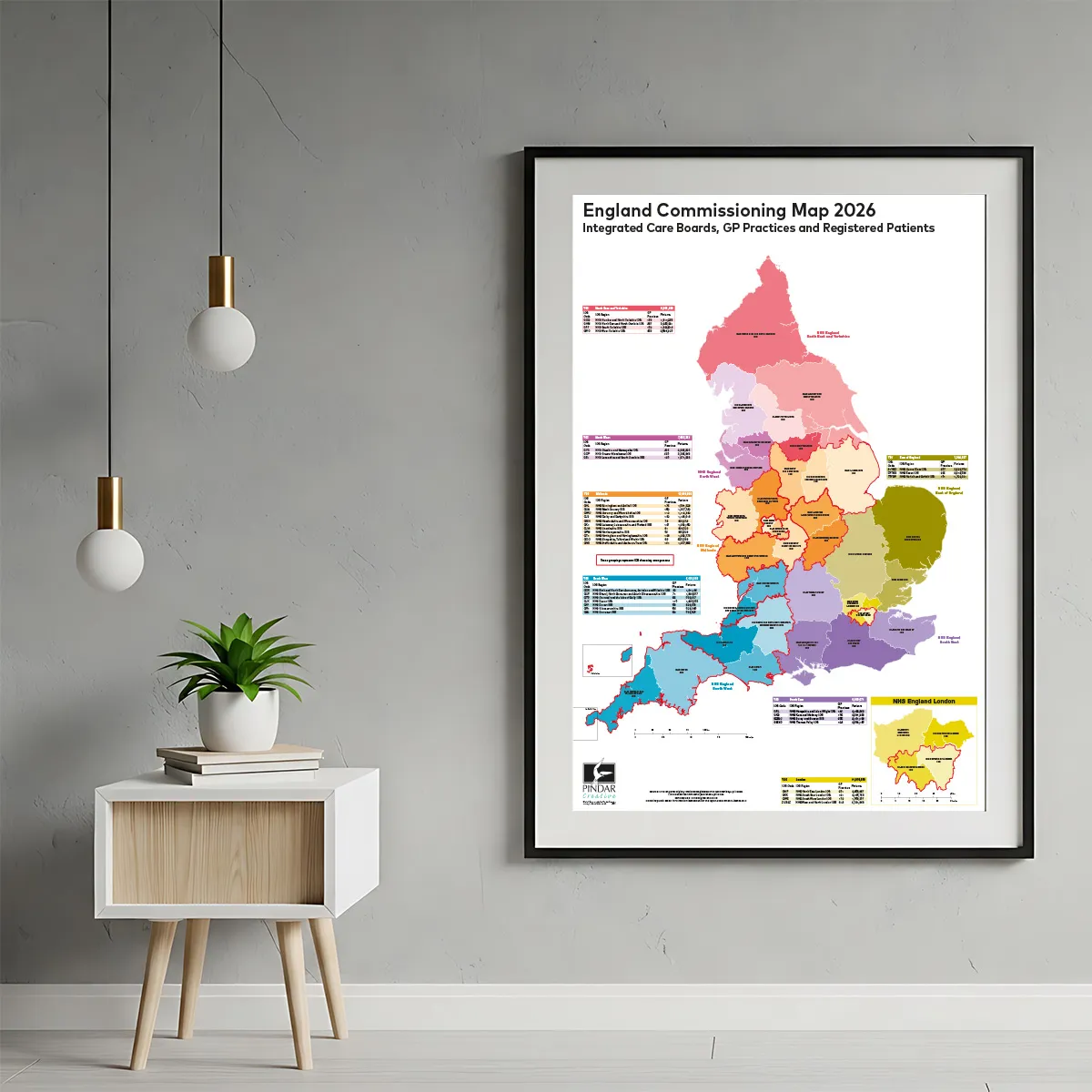 2026 UK Integrated Care Boards (ICG) map displayed on an office wall