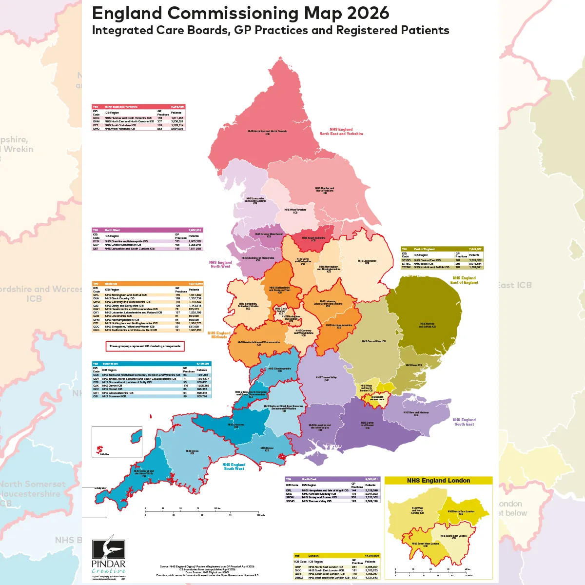 Map of UK Integrated Care Boards (ICB) 2026 — showing 36 ICBs across England