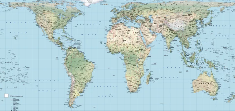 Hobo-Dyer Equal Area world map with relief shading, typography