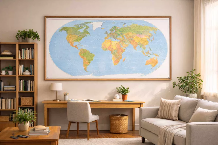 A large framed world wall map displayed in a warm cosy home study with bookshelves and an armchair