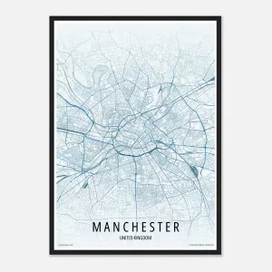Minimalist city map print of Manchester, United Kingdom showing roads and river in soft tones with modern typography