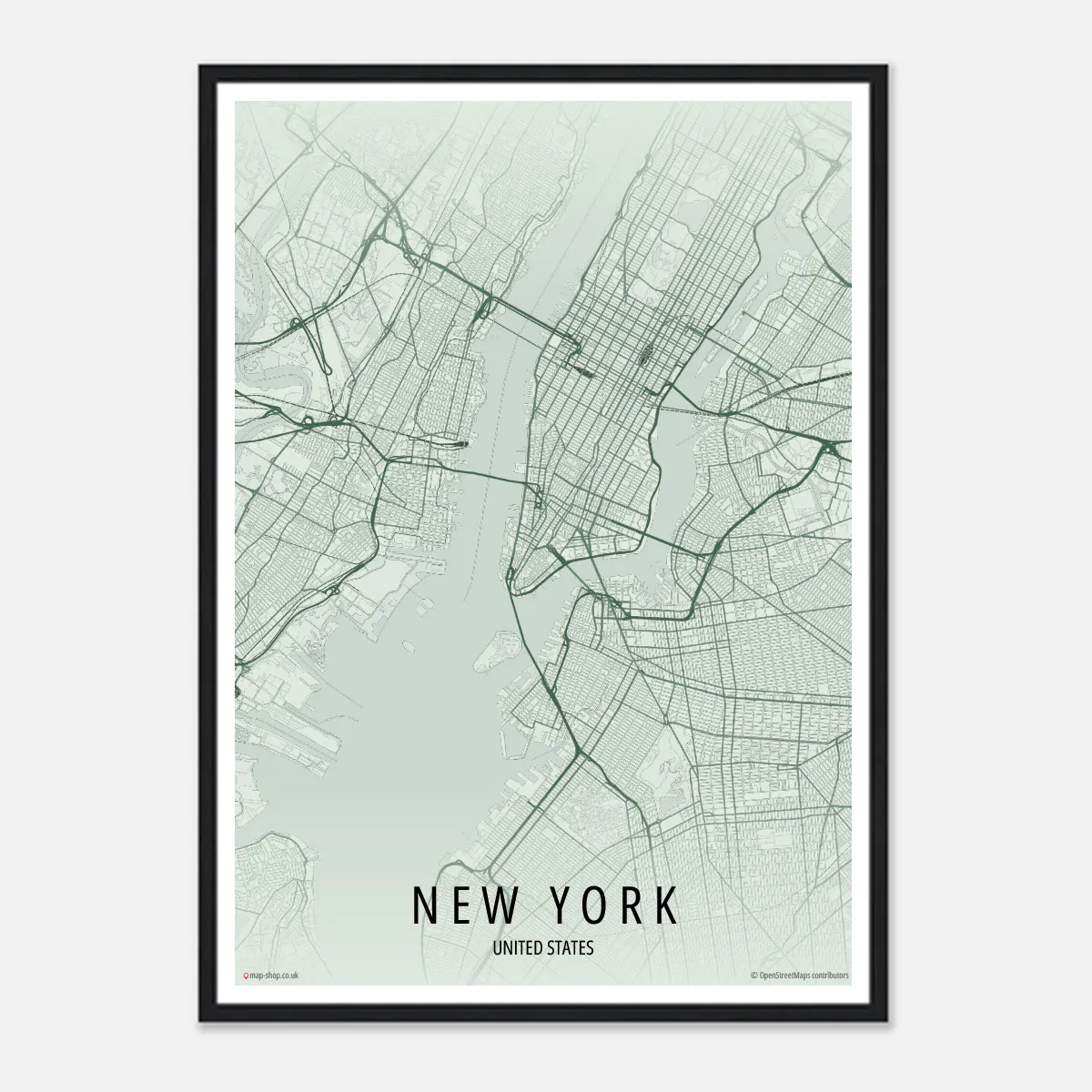 Minimalist city map print of New York, United States, showing roads and river in soft tones with modern typography