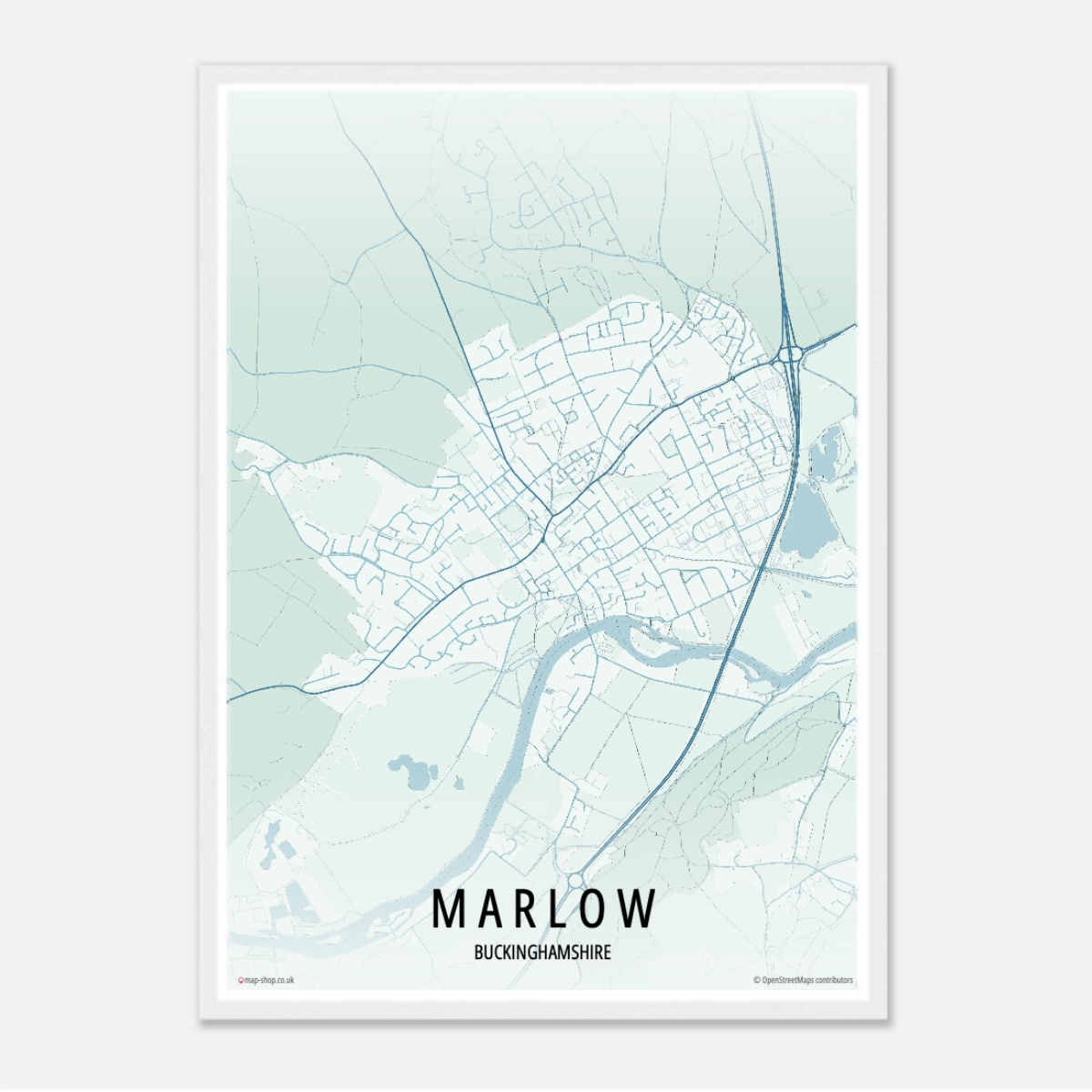 Minimalist city map print of Marlow, United Kingdom, showing roads and river in soft tones with modern typography