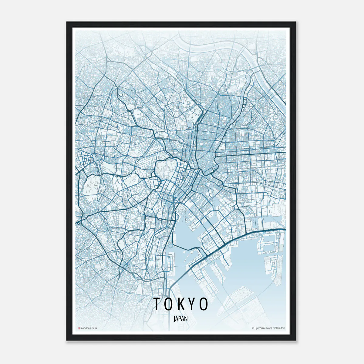 Minimalist city map print of Tokyo, Japan, showing roads and river in soft tones with modern typography