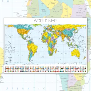 World map with flags poster showing Hobo-Dyer projection and country flags